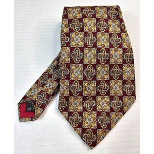 Ermenegildo Zegna Mens Silk Tie Burgundy Gold Blue Geometric Pattern 4" Wide